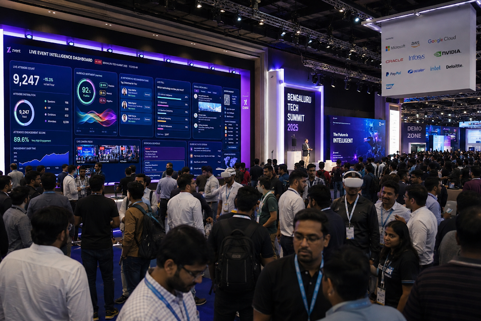 Professional networking event with digital screens and registration desks.